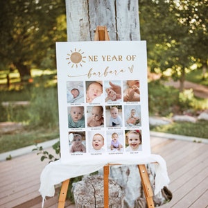 Sun Printable Baby's First Year Photo Poster Template, Sunshine 1st Birthday Photo Collage Sign, Editable Year In Pictures Board Boho DIY