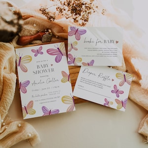 Butterfly Baby Shower Uitnodiging Set, een kleine vlinder is op haar weg, elegante baby douche uitnodiging, luier verloting & boeken kaart, meisje