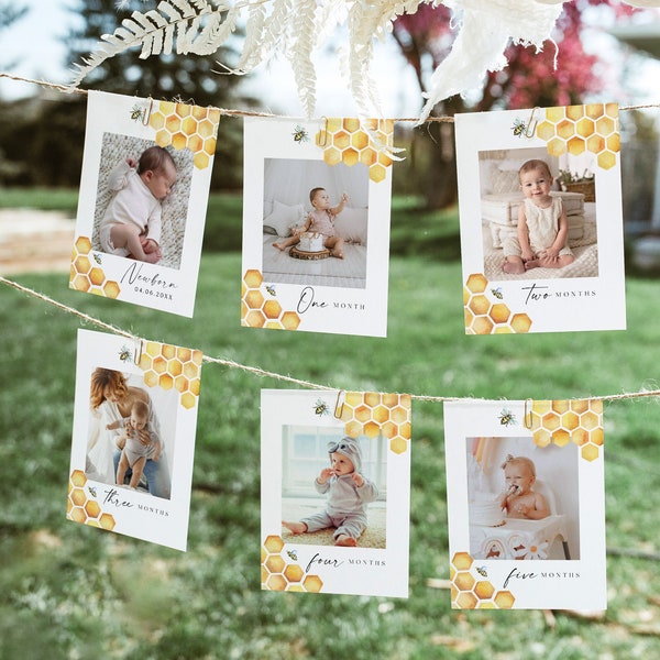 Bee First Birthday Photo Banner, 1st Birthday Photo Banner, Honey Bee Monthly Milestone Photo Cards, Sweet As Can Bee, First Bee Day Party