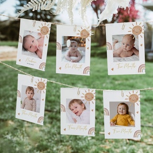 Erste Reise Um Die Sonne Monatliches Foto Banner, 1-12 Monatliches Foto Banner Mädchen, Boho Sonne Erster Geburtstag Meilenstein, Regenbogen Monatskarten DIY