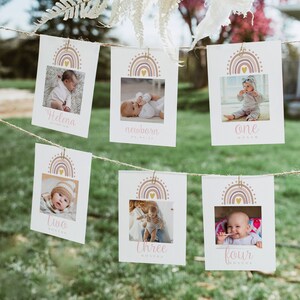 Erster Geburtstag Fotobanner, 1. Geburtstag Fotobanner, Pastell Regenbogen Monatliche Meilenstein Fotokarten, Editierbare Farbe Blush Pfirsich Salbei