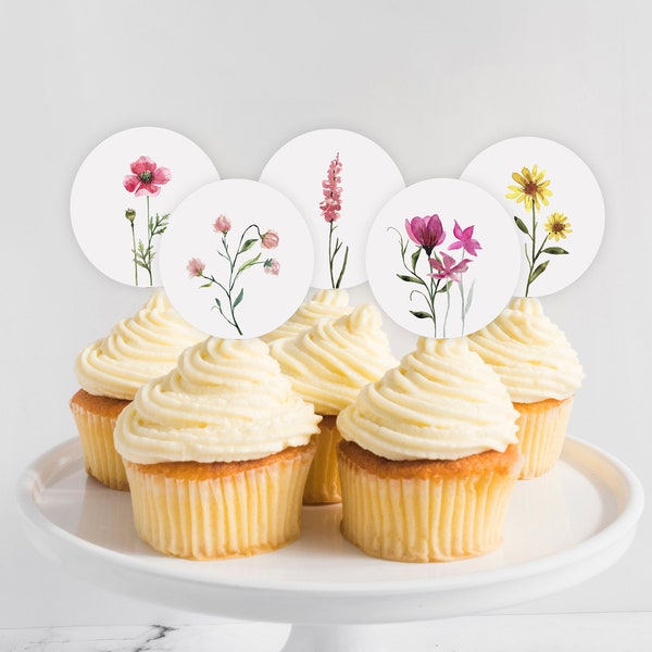 Wildflower Cupcake Toppers, Little Wildflower Shower or Birthday Favor Tags, Floral Cupcake Toppers Favor Stickers Round or Square, Boho DIY