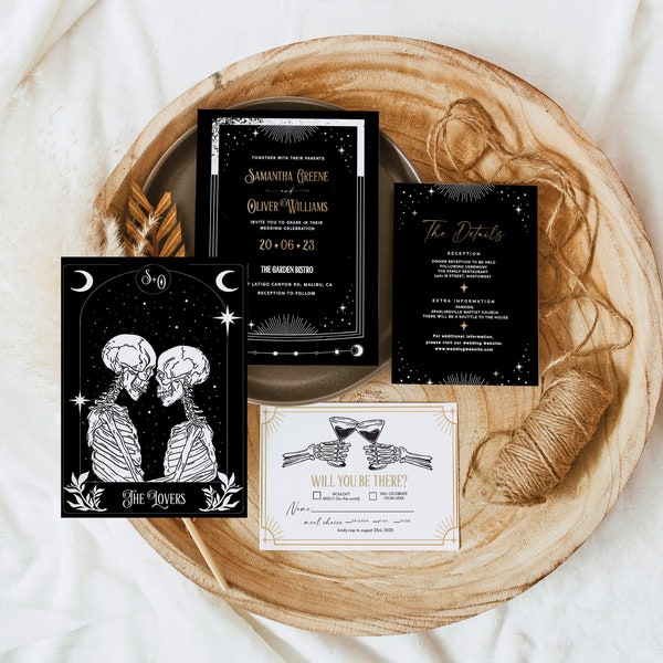Black Wedding Invitation Template, Tarot Wedding Invites Instant download, Gothic Wedding Invitation Printable Template, Skeleton Wedding