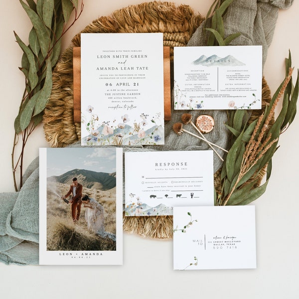 Aria | Mountain Wedding Invitation Template Suite, Wildflower Wedding Invitation Set, Boho Wedding Invite, Bohemian Woodland Rustic Instant