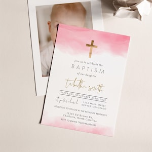 Pink Watercolor Baptism Invitation Template, Baptism Invitation Girl, Christening Invitation Girl, Editable Baptism Invitation Digital, DIY