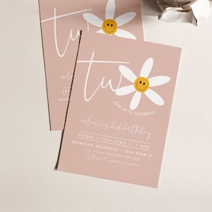 Daisy 2nd Birthday Invitation, Pink Daisy Girl TWO Birthday Invitation, Editable Two Birthday invitation Girl, Girl Daisies Birthday Invite