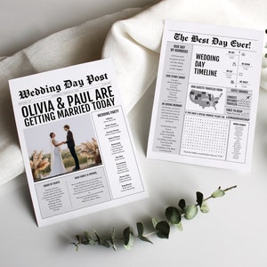 May include: A black and white newspaper style wedding announcement for Olivia and Paul. The announcement includes a photo of the couple, a wedding timeline, and a guest list. The headline reads "Olivia & Paul Are Getting Married Today".
