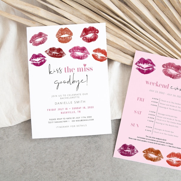 Kiss the Miss Goodbye Invitation, Kiss the Miss Goodbye Bachelorette Itinerary, Bachelorette Itinerary Template Instant Download, Miami DIY