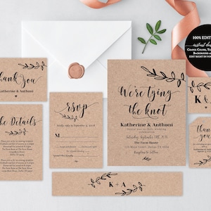 Descarga de plantilla de invitación de boda, kit de invitación de boda rústica, suite de tarjetas de invitación de boda rústica, suite de invitación de boda Kraft