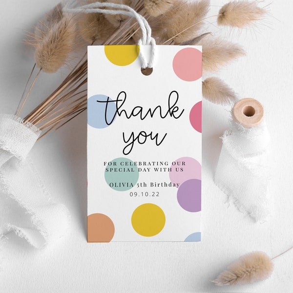 Rainbow Polka Dots Thank You Tags, Rainbow Birthday Favor Thank You Tag Printable, Rainbow Birthday Favors Tag, Printable Favor Tag Editable