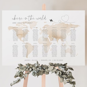 Map Destination Seating Chart Template, World Seating Chart Printable, City Name Seating Chart Instant Download Poster Editable Watercolor