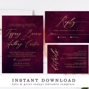 Burgundy Wedding Invitation Editable Template, Printable Wedding Invitation Suite, 100% Editable Template RSVP, Details Card, Templett