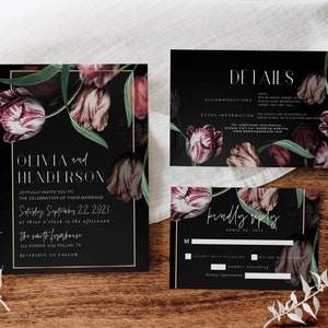 Moody Wedding Invitation Suite, Tulip Wedding Invitation, Editable Wedding Invitation Suite, Botanical Wedding Invitation Suite, Download