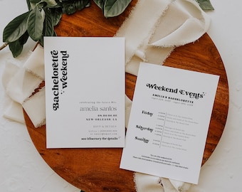 Konnor / Retro Bachelorette Weekend Invitation + Itinerario, Modern Minimal Bachelorette Invitation, Weekend Itinerary Invitation Template