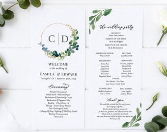 Greenery Wedding Programs, INSTANT DOWNLOAD, Wedding Program Template, 100% Editable, Bohemian Greenery, Templett, Editable Program