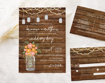 Rustic Wedding Invitation Printable, Fall Wedding Invitation, Country Wedding Invitation, Mason Jar Wedding, Autumn Wedding Invitation Evite