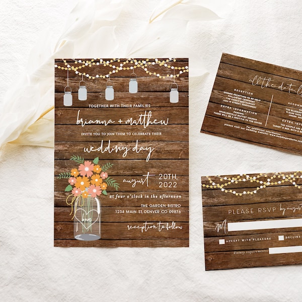Rustic Wedding Invitation Printable, Fall Wedding Invitation, Country Wedding Invitation, Mason Jar Wedding, Autumn Wedding Invitation Evite
