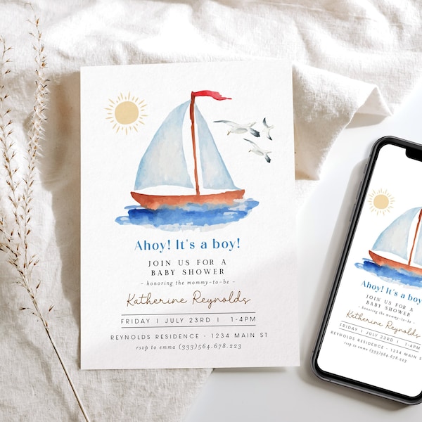 Ahoy Its a Boy Invitation, Ahoy Its a Boy Baby Shower Invitation Digital, Nautical Baby Shower Invitation, Baby Shower Sailboat Theme, DIY