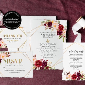 Fall Wedding Invitations Template, Marsala burgundy Wedding Invitation Suite Autumn Wedding Invitation Template Suite Printable Fall in Love