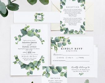 Greenery Wedding Invitation Set, Greenery Wedding Invite, RSVP and Details Card, Greenery Eucalyptus, Garden Wedding Editable Invite | M7