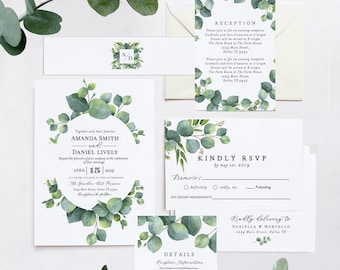 Ensemble d’invitation de mariage Greenery, invitation de mariage Greenery, carte RSVP et détails, Eucalyptus de verdure, invitation modifiable de mariage de jardin | M7