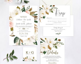Magnolia Wedding Invitation, Southern Wedding Invitation, Wedding Invitation Set Template, Greenery Wedding Invitation Templett, DIY WEDDING
