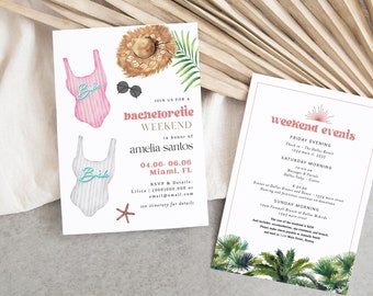 Convite e itinerário para despedida de solteira tropical, despedida de solteira de noiva, trajes de banho para despedida de solteira, convite para despedida de solteira na praia