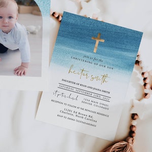 Christening Invitation Boy, Blue Watercolor Baptism Invitation Template, Baptism Invitation Boy, Christening Invite Boy, First Holly Evite