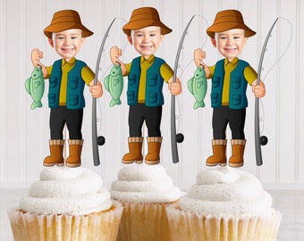 Fishing Birthday Cupcake Topper, Personalized Photo (Printable)