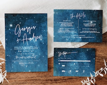 Starry Night Wedding Invitation, Celestial Wedding Invitation Set, Editable Wedding Invitation Set, Full Moon Wedding Invite, Moon Wedding