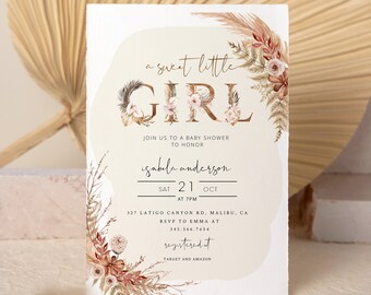 A Sweet Little Girl Baby Shower Invitation, Pink Pampas Grass Girl Baby Shower Invitation, Editable Boho Girl Baby Shower Evite, It's a Girl