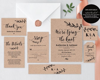 Wedding invitation template download, Rustic Wedding Invitation Kit, Rustic Wedding Invitation Cards Suite, Kraft Wedding Invitation Suite