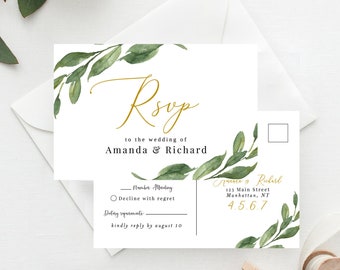 Greenery Postcard RSVP Template, Postcard Reply Card, Wedding RSVP Postcard, Editable RSVP Card, Rsvp Card Template, Instant Download
