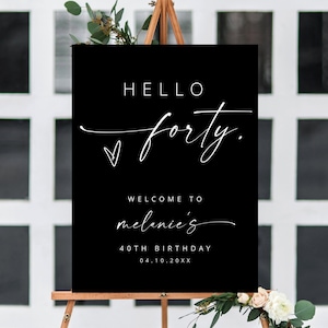 Minimalist Hello Forty 40th Birthday Welcome Sign, Editable Welcome Poster Birthday Sign, Modern Adult Birthday Sign DIY, Any Age | MIA