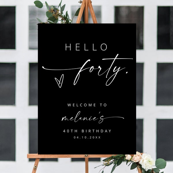 Minimalist Hello Forty 40th Birthday Welcome Sign, Editable Welcome Poster Birthday Sign, Modern Adult Birthday Sign DIY, Any Age | MIA