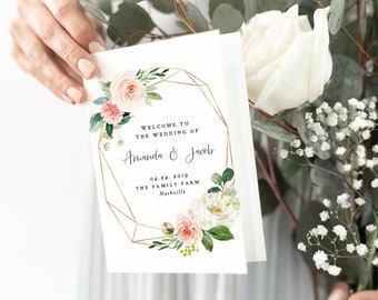 Wedding Program Printable, Folded Booklet, Order of Service Template, Instant Download, Catholic, Floral Wedding Program Folded, Templett