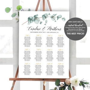 Seating chart wedding template, Greenery Seating Chart Printable, Table Plan Wedding Sign, Seating Plan Wedding, Table Plan Seating DIY