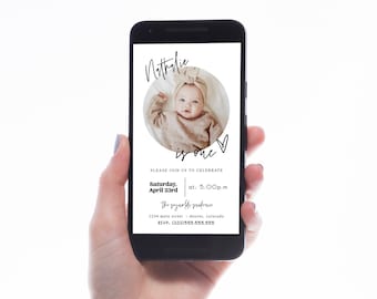 Ellia | First Birthday Evite Template, Editable Birthday Evite, Simple Birthday Invitation Template, Photo Invite, Digital SMS Invitation