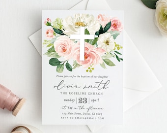 Girls Baptism Invite, Boho Floral Baptism Invitation Girl, Girl First Holy Communion Invitation, Flora Elegant Baptism Invitation, Pink