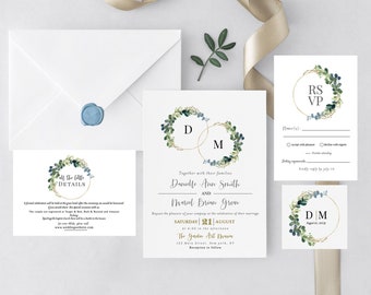 Greenery Wedding Invitation Template, Printable Wedding Invitation Suite, Olive Wedding, Calligraphy, INSTANT DOWNLOAD, Editable Wedding