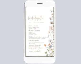 Dahlia | Bachelorette Weekend Digital Itinerary Template Editable Schedule Minimal Floral Bridal Party Weekend Timeline Text Evite