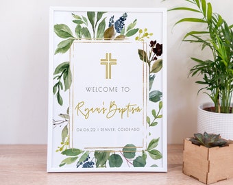 Greenery Baptism Welcome Sign, First Holy Communion Banner, Greenery Baptism Banner, Christening Welcome Sign, Baptism Decorations, Download