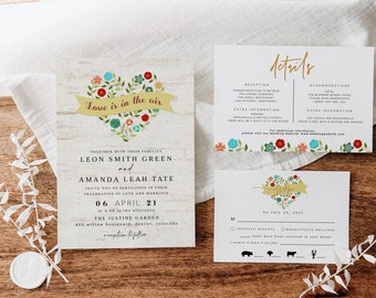 Spring Wedding Invitation Set Instant Download, Floral Wedding Invitation Set, Editable Floral Wedding Invitation, Romantic Wedding Invite