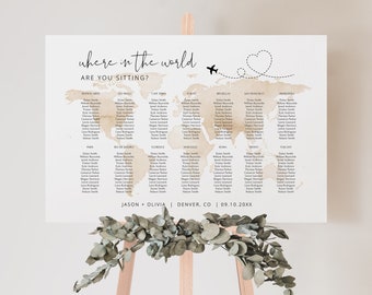 Map Destination Seating Chart Template, World Seating Chart Printable, City Name Seating Chart Instant Download Poster Editable Watercolor
