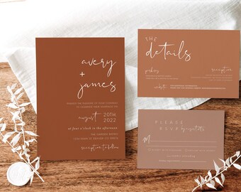 Plantilla de invitación de boda de terracota, invitación de boda naranja quemada mínima, invitación de boda del desierto, invitación de boda de óxido DIY editable