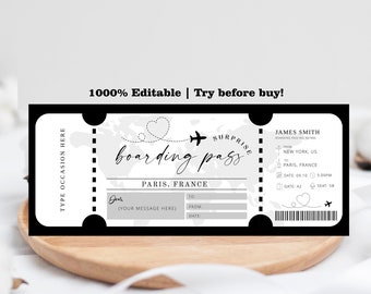 Boarding Pass Template, Airline Ticket Printable, Travel Voucher Gift Ticket, Plane Ticket Template, Surprise Trip Ticket, Editable Ticket