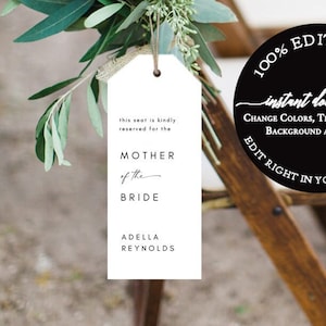 Minimalist Wedding Seating Tag Reserved Seating Template, Modern Printable Chair tags, Editable Chair Tag Template, Reserved Wedding Tag