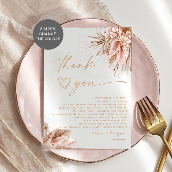 Clio | Pampas Thank You Card, Boho Wedding Thank You Letter Note, Printable Wedding Menu Thank You, Editable Template, Instant Download