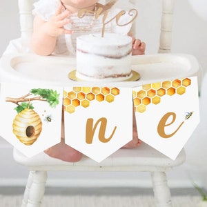 Bee One High Chair Banner, Girl One High Chair Banner,  1st Bee-Day High Chair Banner, Bee First Birthday Decorations, Editable Bee Banner