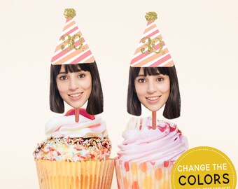 Photo Cupcake Toppers Birthday for her, 30th birthday for her decorations, 30th birthday Cake Topper, Pink Gold Cupcake Toppers Printable